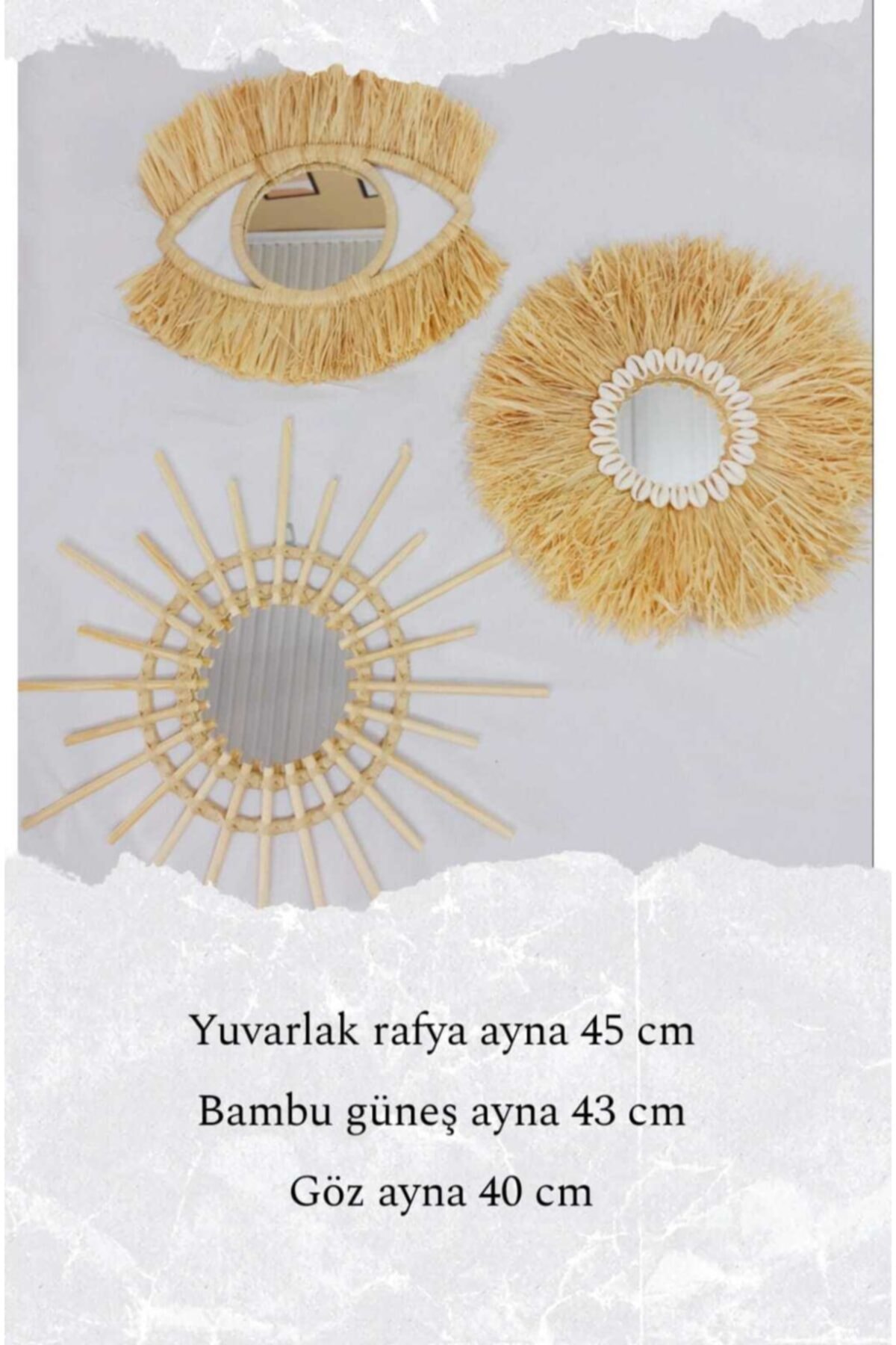 Deniz Kabuklu Bohem Rafya & Bambu & Kirpikli Göz Ayna Seti