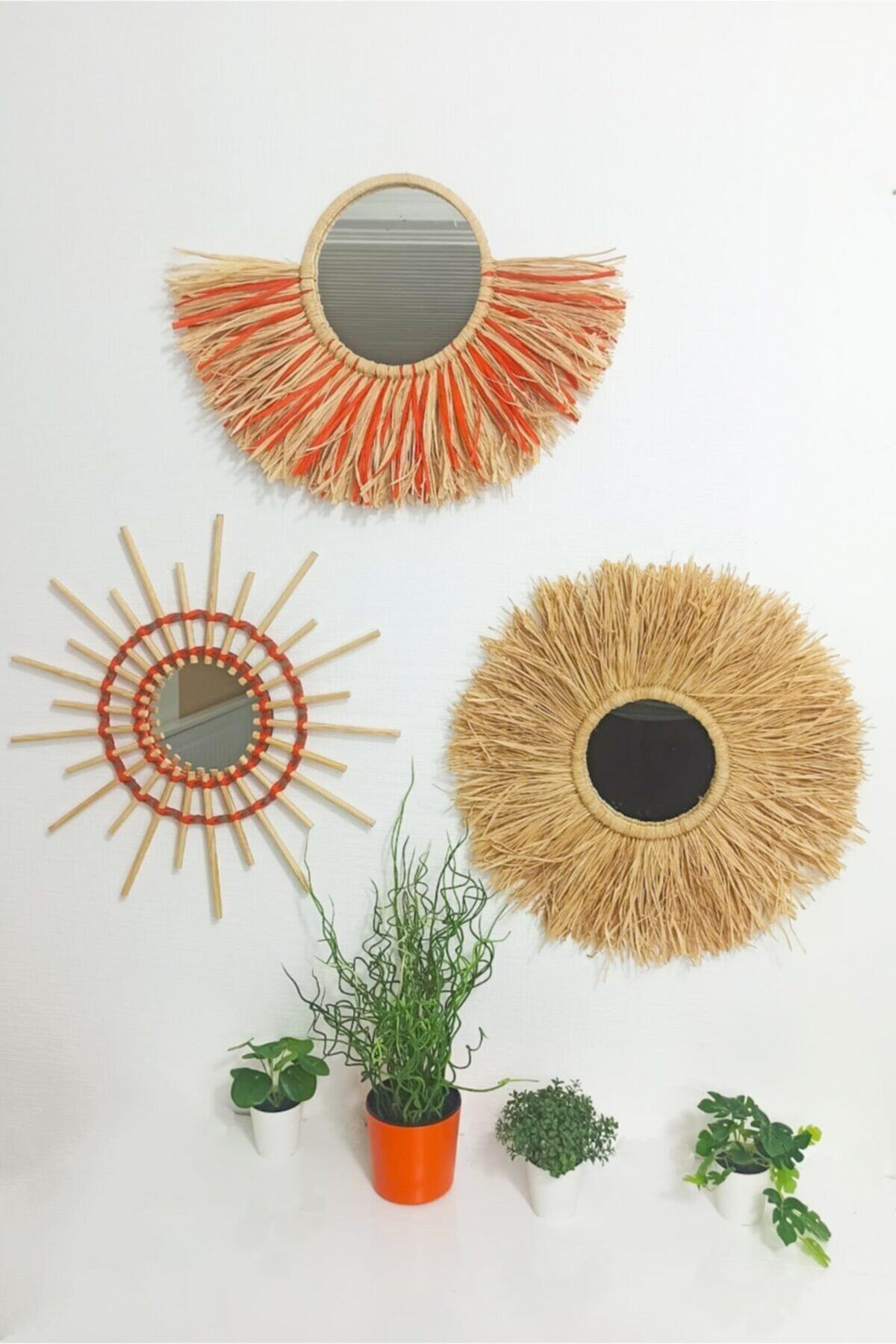 Bohem Hasır Ayna Seti Rafya & Bambu