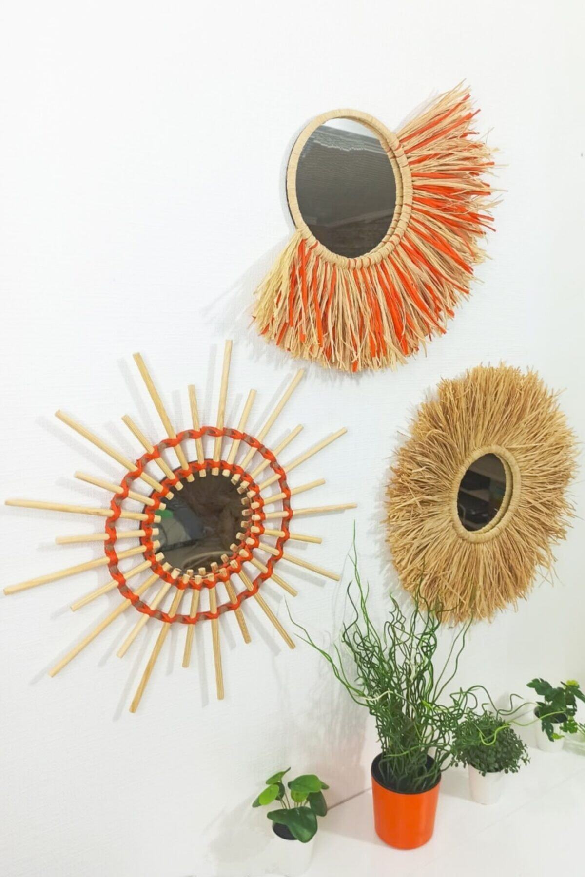 Bohem Hasır Ayna Seti Rafya & Bambu