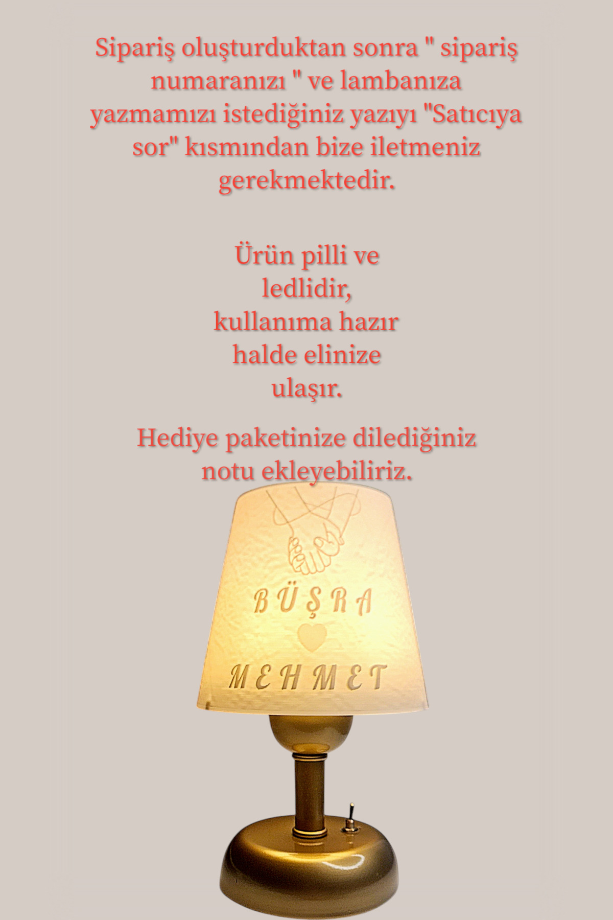 Kişiye Özel Kablosuz Pilli Abajur, Sevgililer Günü Hediyelik, İsimli Masa Lambası