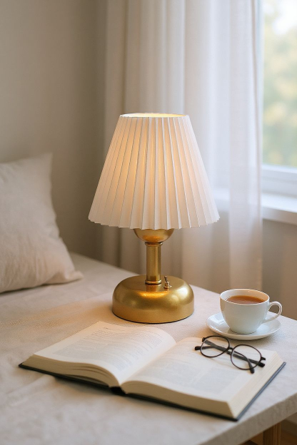 Bubi%20Home%20Şarjlı%20Abajur%20–%20Gold%20Gövde%20Pileli%20Başlık-%20Kablosuz%20Dekoratif%20Masa%20Lambası