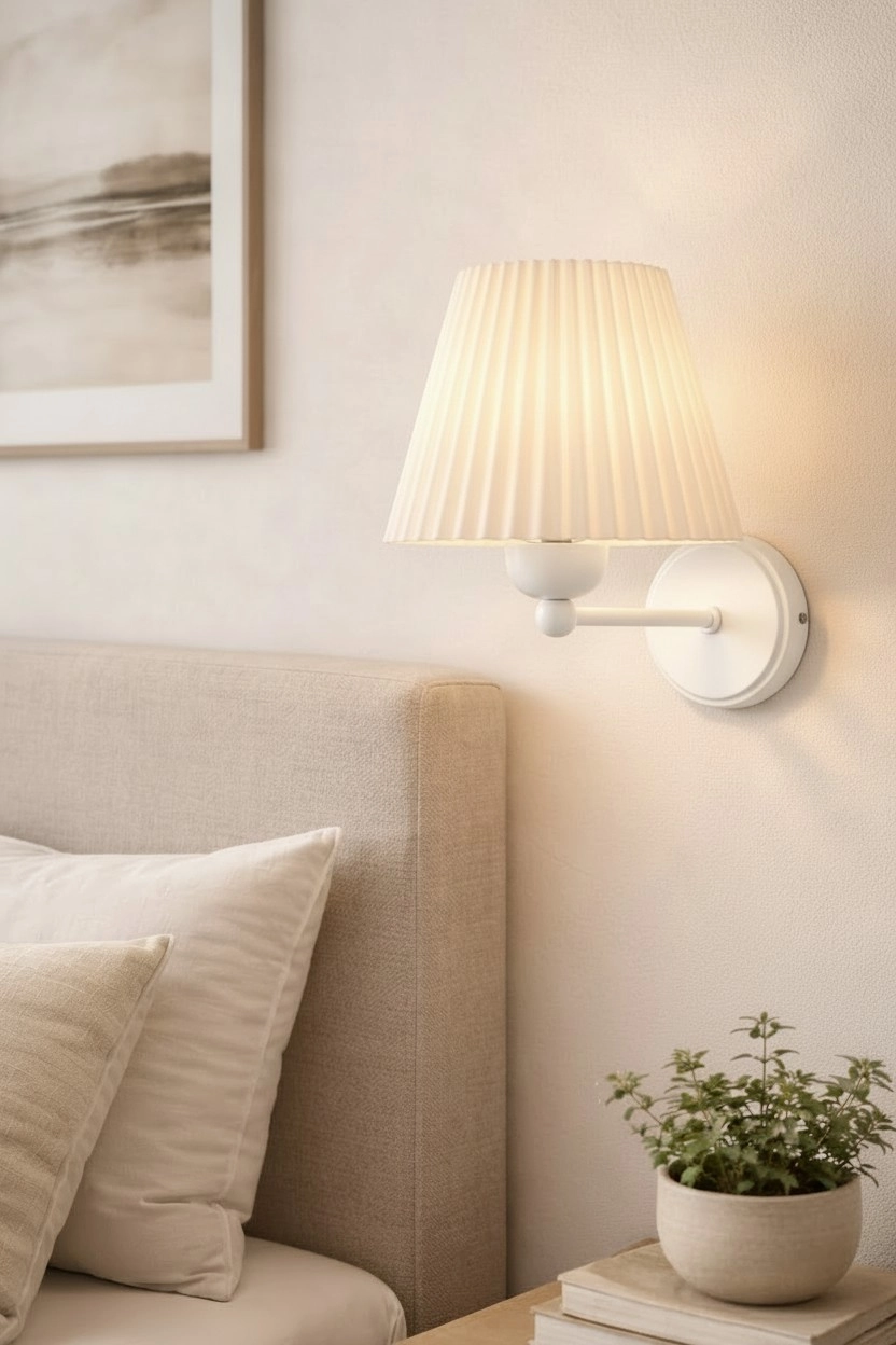 Beyaz Metal Duvar Apliği Pileli Başlıklı Elektrikli Aplik Modern İskandinav Duvar Lambası