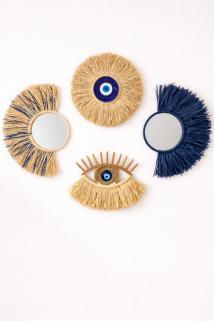 Tasarım Dörtlü Bohem Rafya Ayna Seti Nazar Boncuğu & Hasır Göz & Yelpaze Ayna