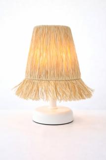 Hasır Rafya Kablosuz Pilli Abajur, Bohem Masa Lambası, Beyaz Metal Ayaklı