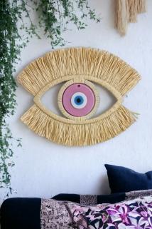 Nazarlık 50 cm, Hediyelik Duvar Süsü, Rafya Göz Nazar Boncuğu Pembe