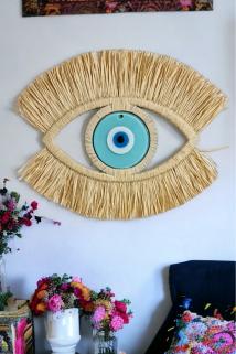 Nazarlık 50 cm, Hediyelik Duvar Süsü, Rafya Göz Nazar Boncuğu Turkuaz