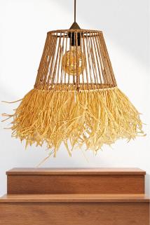 Bohem Jüt Avize, Saçaklı Hasır Rafya Avize ,Gold Duylu