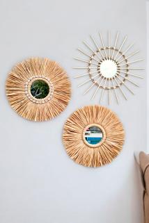 Bohem 3'lü Rafya Ayna & Bambu Ayna Seti Deniz Kabuğu Detaylı