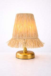 Kablosuz Rafya Masa Lambası,  Bohem Pilli Led Abajur, Gold Gövde Rafya Masa Lambası