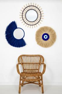 Lacivert Yelpaze & Bambu Çubuklu Ayna & Rafya Nazar Boncuğu Üçlü Set