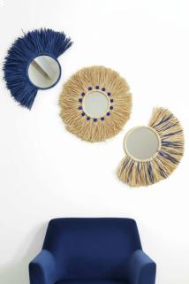 Lacivert Ponponlu Bohem Hasır Rafya Ayna Seti