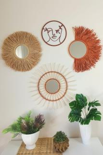 Kiremit Bohem Rafya Bambu Ayna 4'lü Set - El Yapımı Doğal Duvar Dekorasyonu