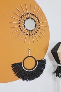 Bambu Çubuklu Ayna & Boncuklu Rafya Duvar Dekoru