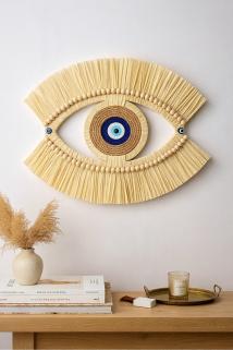 El Yapımı Boho Nazar Göz Duvar Dekoru | Doğal Hasır & Boncuk Detaylı | Salon Antre Duvar Süsü