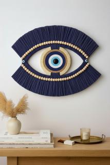 El Yapımı Nazar Göz Duvar Dekoru | Bohem Hasır & Boncuk Detaylı | Lacivert
