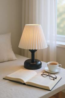 Şarjlı Pileli Siyah Ledli Abajur, Kablosuz Dekoratif Abajur