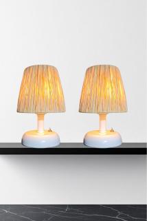 2 Adet Kablosuz Pilli Hasır Masa Lambası, Rafya Başlık Beyaz Gövde Bohem Pilli Abajur