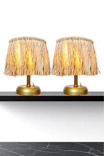 Kablosuz Pilli Rafya Masa Lambası 2 Adet, Rafya Başlık Gold Gövde Pilli Abajur