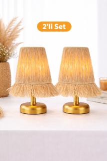 Kablosuz Pilli Bohem Masa Lambası 2 Adet, Rafya Başlık Gold Gövde Pilli Abajur