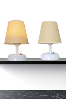 Kablosuz Pilli Masa Lambası 2 Adet, Krem Kumaş Başlık Beyaz Gövde Pilli Abajur