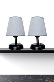 Kablosuz Pilli Masa Lambası 2 Adet, Gri Kumaş Başlık Siyah Gövde Pilli Abajur