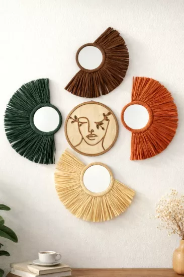 Renkli Rafya Ayna Seti – Toprak Tonları