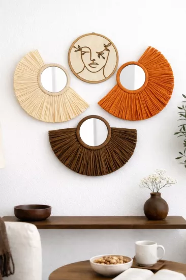 El Yapımı Bohem Duvar Seti 4 Parça Rafya Ayna