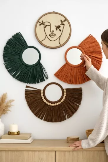 Bohem dekoratif duvar süsü-Rafya Ayna Seti